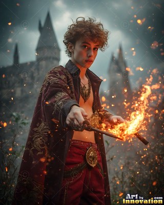 Outside a dark castle, a young man holds a fiery wand in a loose deep red robe