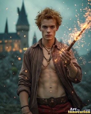 Holding a sparkling wand, a red-haired young man stands in front of a castle