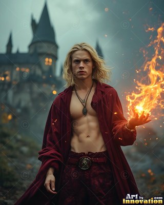 A blond man in an open red robe holds fire before a castle