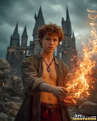 Curly reddish hair tops a young man holding fire by a stone castle