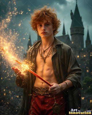 A young man clutches a red wand that bursts with bright golden sparks outside a castle
