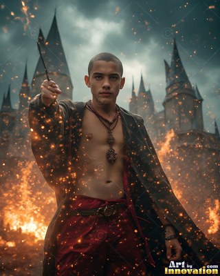 Facing forward in front of a castle, a bare-chested man raises a wand near sparks