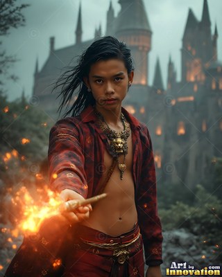 A young man aims a flaming wand outside a castle in a red open shirt