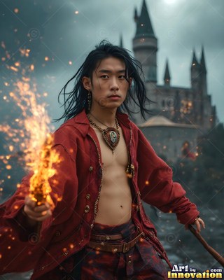 Out in front of a castle, a young man in an unfastened red coat holds a flaming wand