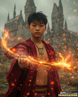 Aiming a burning wand, a young Asian man in red robes stands before a castle