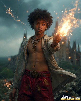Young man wearing an unbuttoned shirt casts fire from his hand