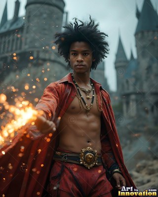 Open red cape on a young man casting bright sparks outside a stone castle