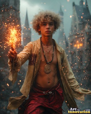 A young man holds a sparking wand before a castle while bright sparks scatter around him