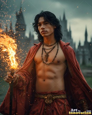 Standing before a castle, a bare-chested man in a scarlet robe holds a fiery torch