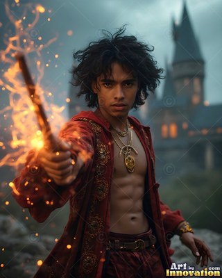 A young man in an unzipped red coat points a spark-throwing wand near a castle