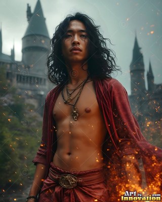 By the walls of a castle, a bare-chested man stands in a loose red cloak with flying sparks