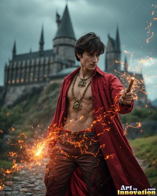 Casting sparks from a wand, a shirtless man wearing an unfastened red coat stands before a castle