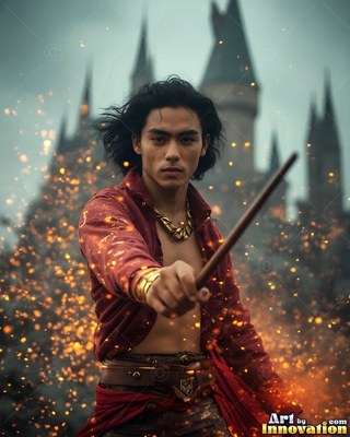 Man in an unfastened red shirt points his wand before a castle