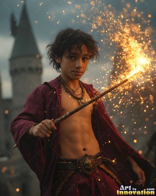 Wearing an unfastened bright red robe, a young man raises a sparkling wand outside a stone castle tower