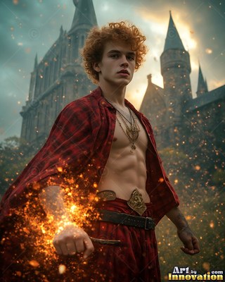A shirtless young man gathers bright orange sparks around his hand out in front of a castle
