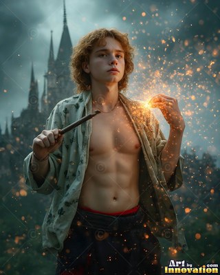 Facing forward outside a castle, a young man wearing an unfastened shirt holds a wand