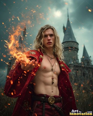 A blond man in a loose red robe holds fire near a dark castle