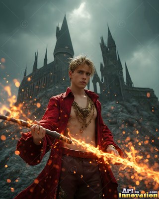Outside a dark stone castle, a young blond man in a red robe casts fire from a staff