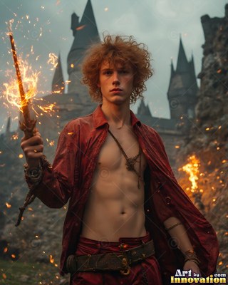 Holding a fiery wand, a curly-haired man stands in a loose red shirt by a stone castle