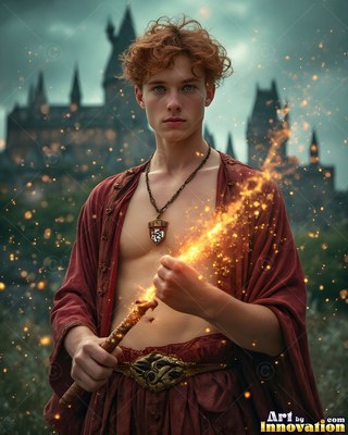 A young red-haired man holds a sparking wand before a castle