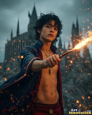 Wearing an open blue robe, a young man points a flaming wand before a dark castle