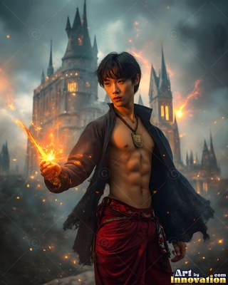 A shirtless man holds a small fire before a castle with bright orange sparks