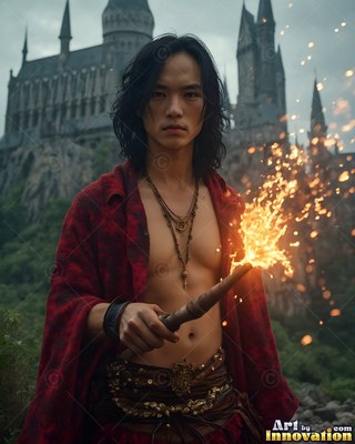 Facing forward before a stone castle, an open-shirted man holds a sparking wand