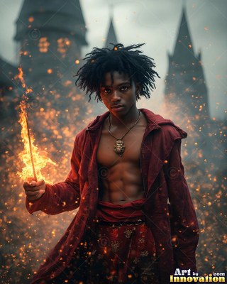 A shirtless young man wearing an unbuttoned red coat holds a flaming wand outside a castle