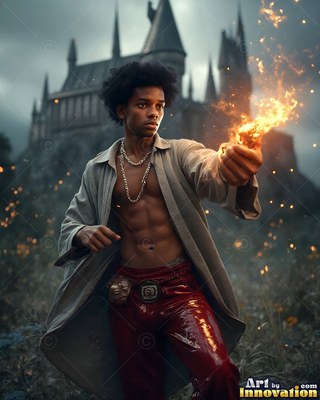 Before a dark castle, a man holds a handful of fire in an open coat