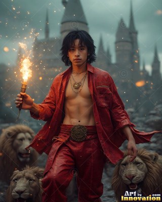 Holding a flaming wand, a young man in an unzipped red shirt walks with lions before a castle