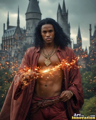 A man in loose red robes holds a wand with sparks before a castle