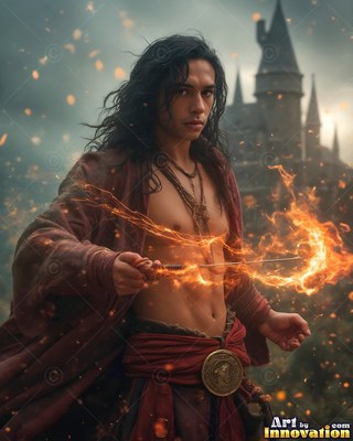 Long dark hair falls around an open-chested young man waving a flaming wand outside a castle