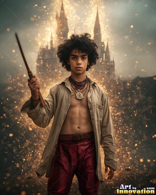 A young man raises a wand as yellow sparks light the dark castle behind him