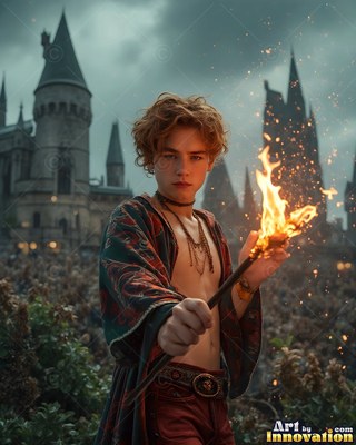 Facing forward by the walls of a castle, a young man points a burning wand toward the viewer