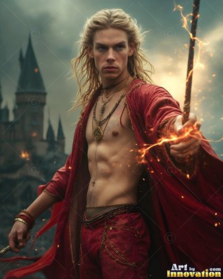 A blond man in an unbuttoned bright red robe points a fiery wand outside a castle