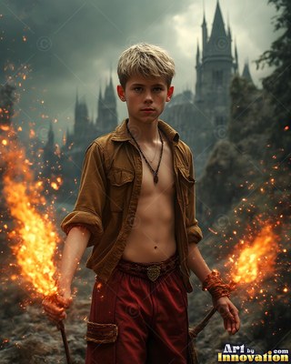 Before a dark castle, a young man carries fire in his bare hands
