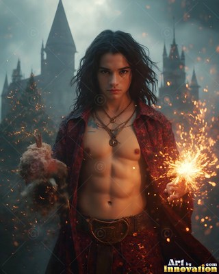 Holding fiery sparks, a bare-chested man wearing an unfastened red cloak stands before a dark castle