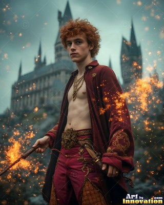 A young man holds up a wand in red robes by a castle