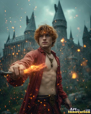 Unbuttoned red shirt on a red-haired man pointing a flaming wand by the walls of a castle