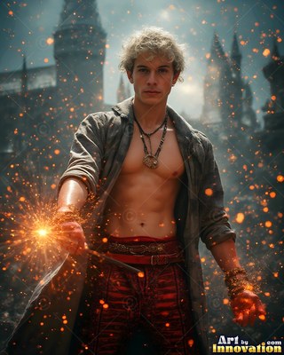 A blond man aims a wand that bursts with bright golden sparks