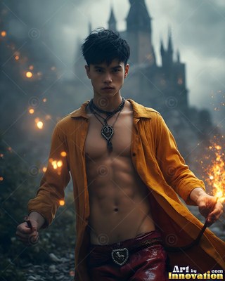 Facing forward near a dark castle, a young man walks in an open yellow shirt