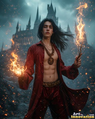 A young man in an unfastened scarlet robe holds fire before a dark castle