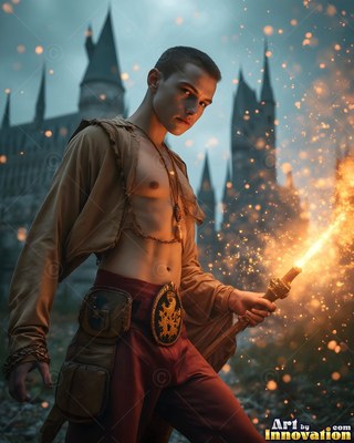 Out in front of a castle, an open-shirted young man holds up a lit torch by floating sparks
