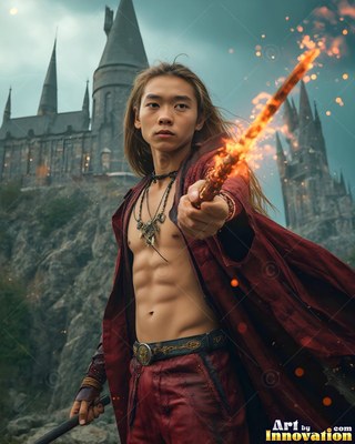 Holding a burning wand, a bare-chested man in a deep red robe stands near a castle