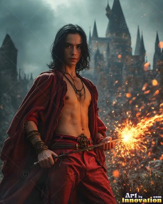 A shirtless man in red robes holds a spark wand before a castle