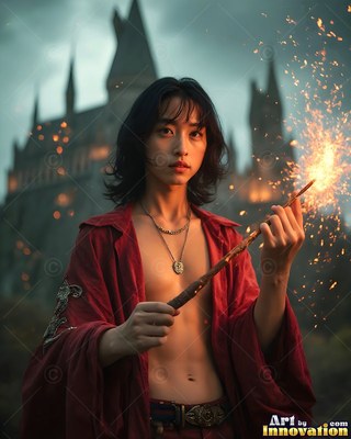 An open deep red robe drapes a young man holding a sparking wand before a dark castle
