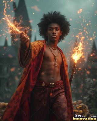A young man in an unfastened red robe casts fire from his hand beneath a dark sky