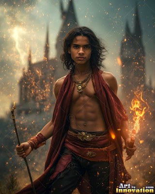 Facing forward before a castle, a shirtless man holds a staff and fire torch