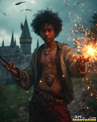 A young man clutches bright yellow sparks near an old stone castle