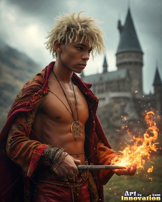 Outside a castle, a shirtless young man in a deep red robe casts fire from a wand